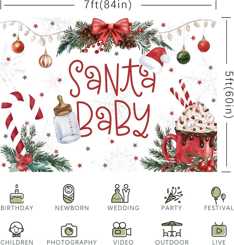 Christmas Baby Shower Backdrop Santa Baby Christmas Photography Background for Kids Newborn Xmas Baby Shower Party Decorations Supplies Cake Table Banner Photo Booth Studio Props 7X5Ft