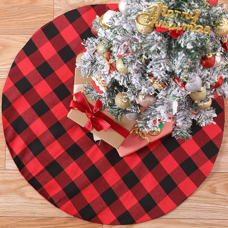 Christmas Tree Skirt 24 Inch Mini Black and Red Plaid Tree Skirt Farmhouse Christmas Ornaments New Year Holiday Decorations