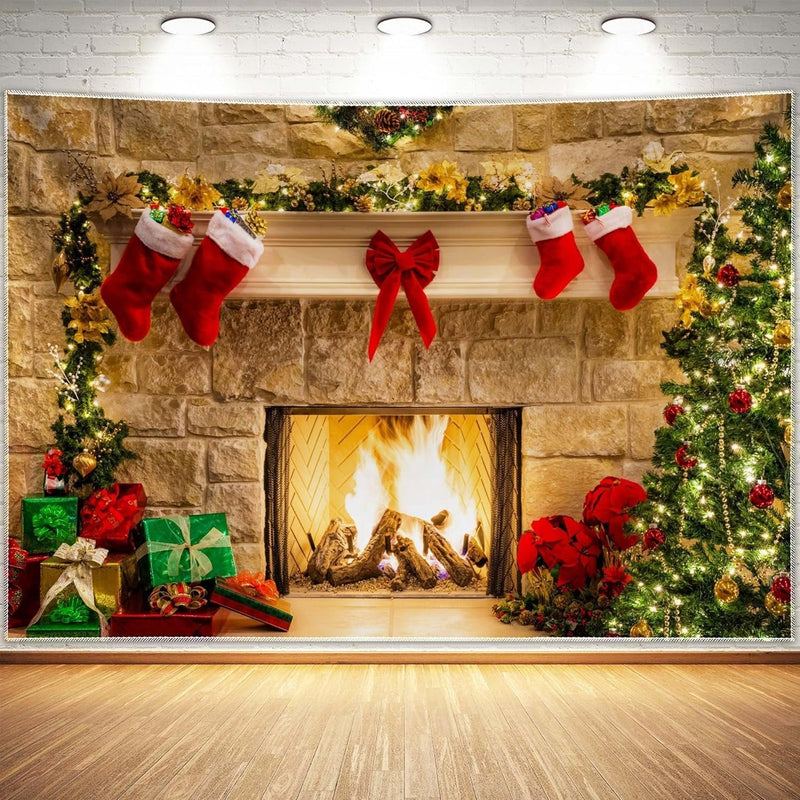 7X5Ft Christmas Fireplace Theme Backdrop for Photography Tree Sock Decorations for Xmas Party Supplies Photo Background Pictures Banner Studio Decor Booth Props