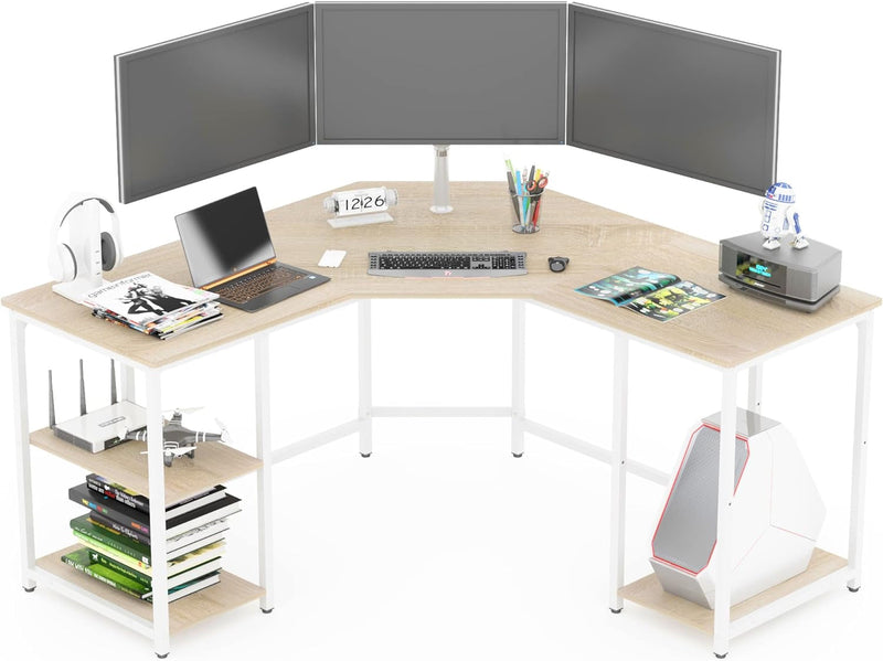 Elephance L-Shaped Desk with Shelves, Computer Corner Desk, Home Office Writing Workstation, Gaming Desk PC Laptop Table with Storage