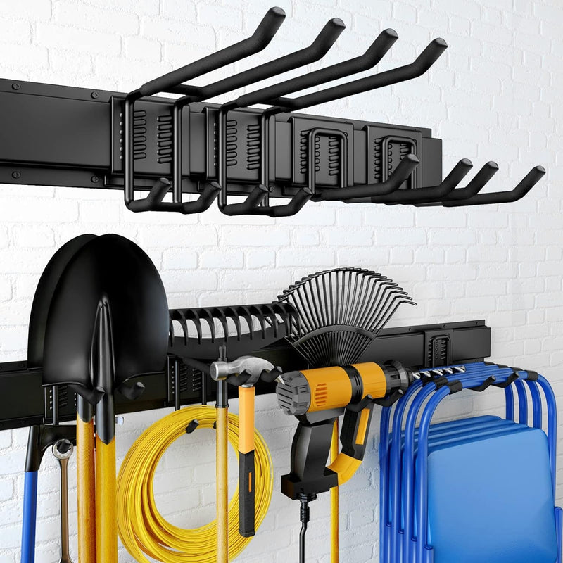 Garage Storage, Garage Organization, Wall Mount Garden Tool Organizer 48 Inches, Max 440Lbs Adjustable Metal Hooks, Yard Shed Rack, Tool Holder for Hanging Rake Broom Mop Snowboard, Home Gift