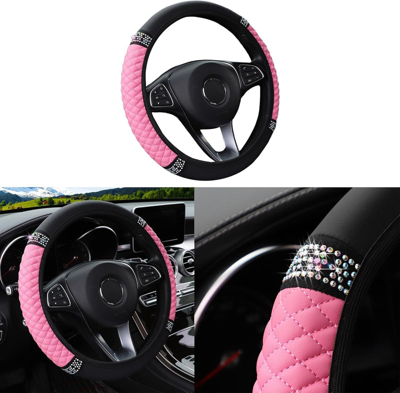 Bling Car Steering Wheel Cover, 15 Inch Rhinestones Soft Leather Elastic Steering Wheel Protector, Sparkly Crystal Diamond for Women Girls, Car Interior Accessories for Most Cars (Black)