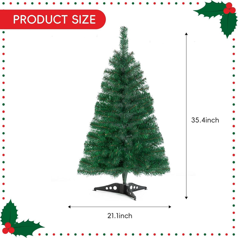 3FT Artificial Christmas Tree Green Mini Tabletop Christmas Pine Tree with Plastic Stand Small Xmas Tree for Indoor Outdoor Holiday Home Decoration