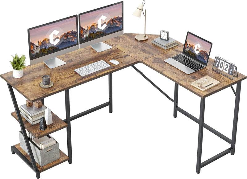 Cubicubi L Shaped Computer Desk, 59.1 Inch Industrial Office Desk with Storage Shelves, Rustic Wood and Metal Corner Desk for Home Office Rustic Brown