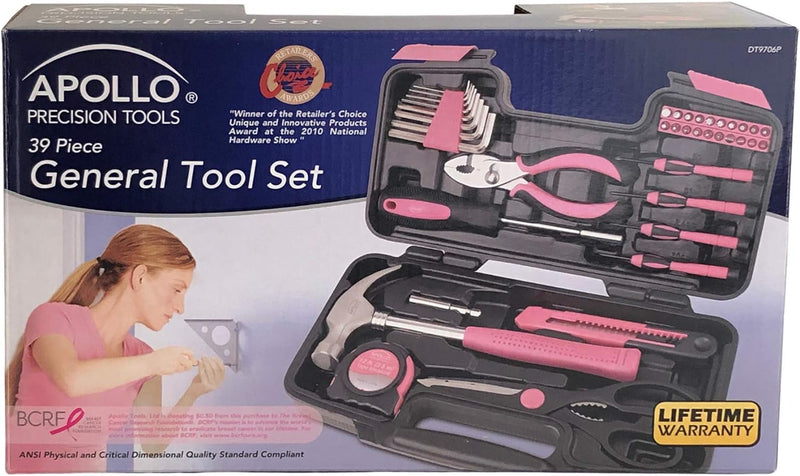 Apollo Tools Original 39 Piece General Household Tool Set in Toolbox Storage Case with Essential Hand Tools for Everyday Home Repairs, DIY and Crafts - Pink Ribbon - Pink - DT9706P