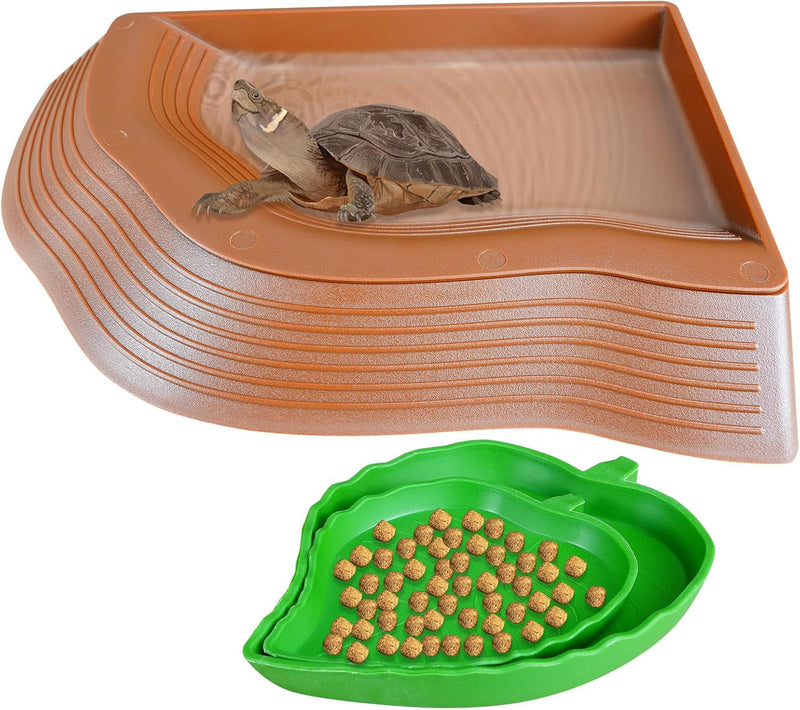 3PCS Tortoise Water Bowl Tortoise Bathing Pool with Ramp Leaf Tortoise Food Water Bowls Reptile Food Water Bowls Turtle Pool Reptile Bathing Pool Aquarium Ornament for Gecko, Snake, Turtle