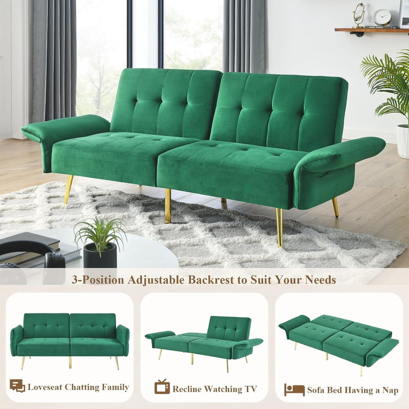 Anwick Velvet Convertible Futon Sofa Bed, Memory Foam Futon Couch Sleeper Sofa, Modern Loveseat Sofa with Adjustable Backrest and Armrests for Home Living Room Office (Green)