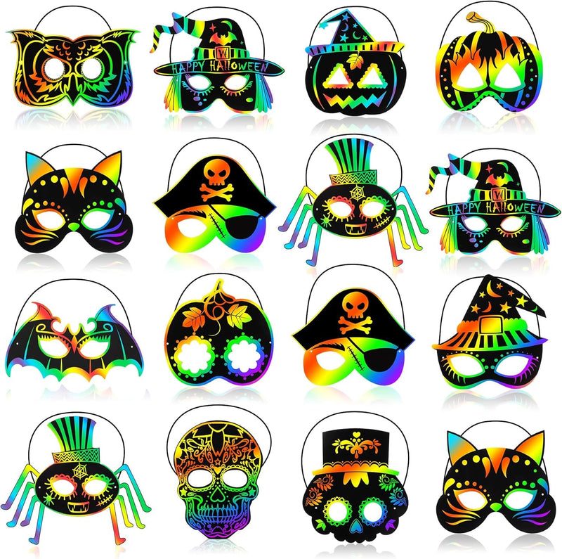 36 Pieces Halloween Scratch Art Masks for Kids, DIY Rainbow Magic Scratch Paper Masks for Crafts, Bat Witch Pumpkin Spider Pirate Skull Scratch Mask Crafts for Halloween Party Supplies