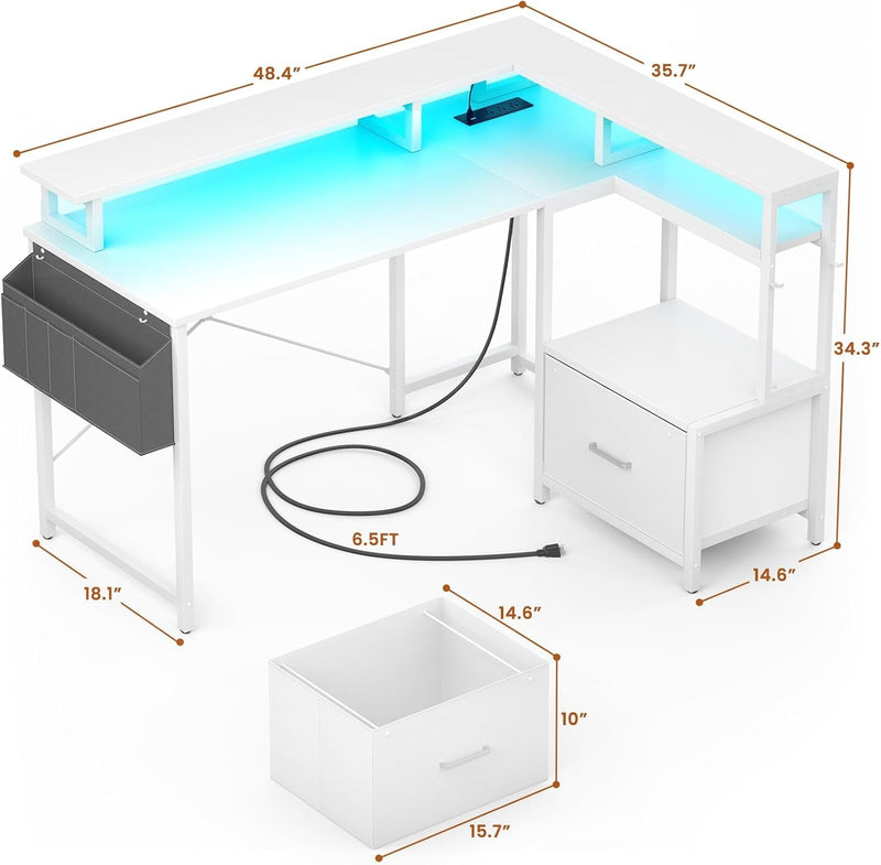 Homieasy Computer Desk with File Drawer Cabinet, L Shaped Office Desk with Printer Stand & Full Monitor Stand, 48 Inch Gaming Desk with Power Outlets Led Light Storage Bag Hanging Hooks, White