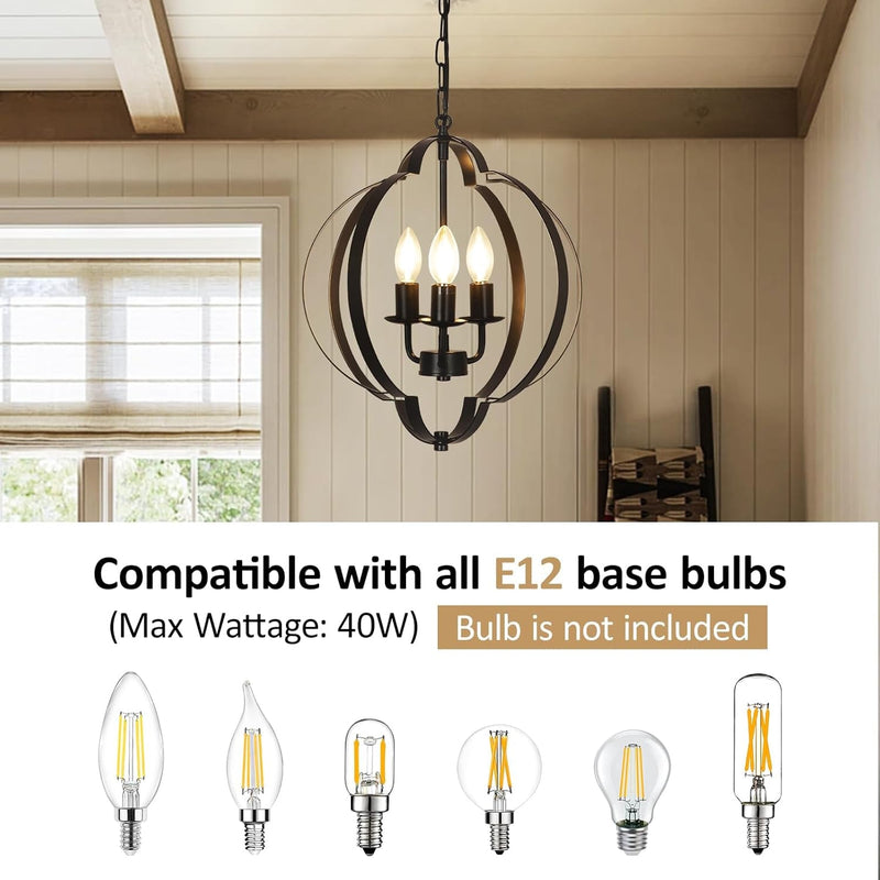 DLLT 3-Light Black Farmhouse Chandelier, Rustic Dining Room Light Fixtures over Table, Copper Adjustable Chandelier for Entryway, Living Room, Bedroom, 40W, E12 Base (Bulbs Not Included)