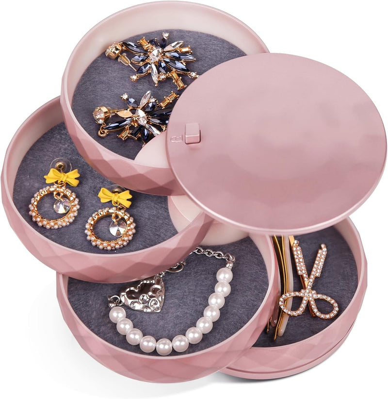 CONBOLA Jewelry Organizer, Small Jewelry Storage Box Earring Holder for Women, 5-Layer Rotating Travel Jewelry Tray Case with Lid for Bracelets Rings Bracelets