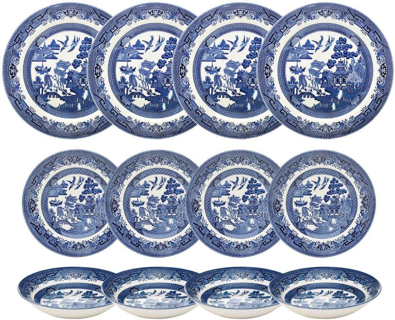Churchill Blue Willow Dinner Plates, Salad Plates and Coupe Bowls 12 Piece Dinnerware Set, Made in England