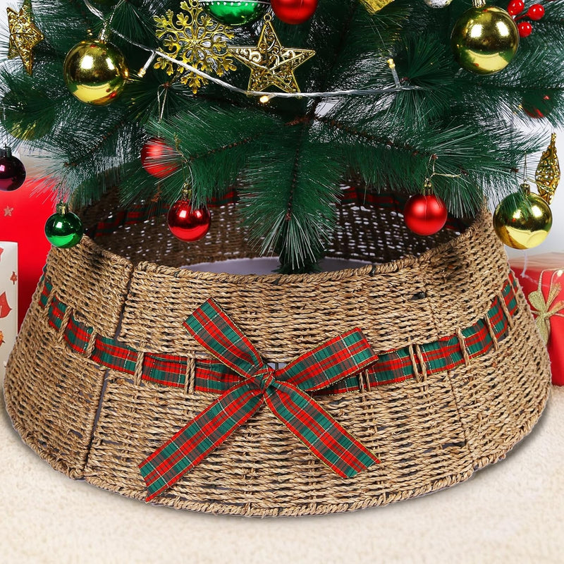 Christmas Tree Collar, Christmas Tree Ring, 27'' Handmade Tree Collar for Artificial Trees, Rattan Tree Stand Base Cover, Woven Wicker Christmas Tree Skirt, Brown