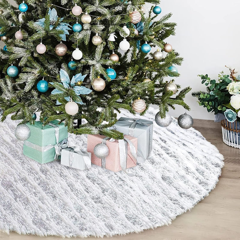 Dremisland Christmas Tree Skirt White&Silver Bronzing Luxury Faux Fur Tree Skirt with Sequin Stripes Soft Plush Xmas Tree Skirt for Winter Party Holiday Xmas Decorations (Sliver, 36Inch/90Cm)