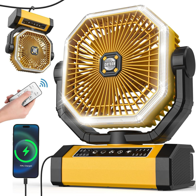 Battery Powered Fan - 9-Inch Rechargeable Fan Portable, 20000Mah(60Hrs) Camping Fan for Tent, Auto Oscillation Cordless Fan, Tent Fan for Camping with Remote/Light, 4 Speeds, 4 Timing, Outdoor