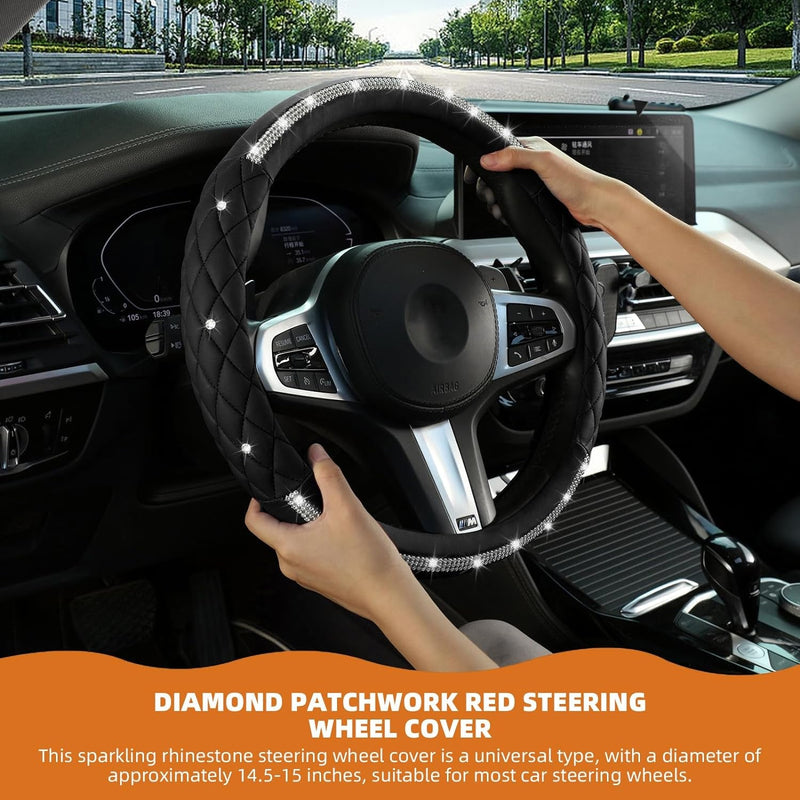 Diamond Steering Wheel Cover，With Bling Crystal Rhinestone, Delicate and Anti-Slip Sparkly Sedan Steering Wheel Cover ，Adaptable to 14.5-15 Inches Car Wheel Protector for Women Girl