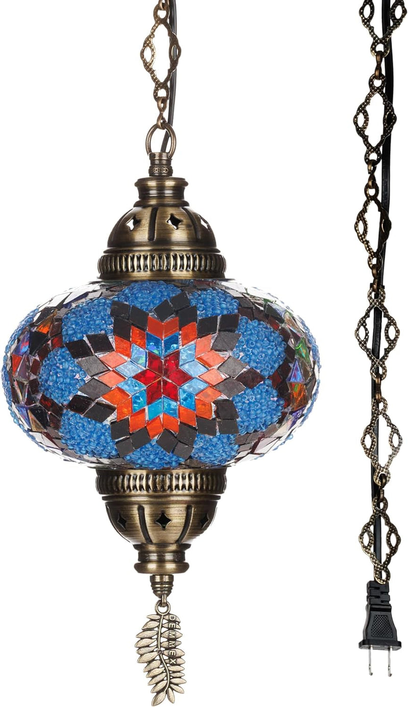 DEMMEX Authentic Turkish Plug in Pendant Light, 6.5" Big Size Globe, Made in Turkey, Turkish Moroccan Mosaic Ceiling Hanging Pendant Light Fixture Lamp, Swag Plug in with 15Ft Cord and Chain