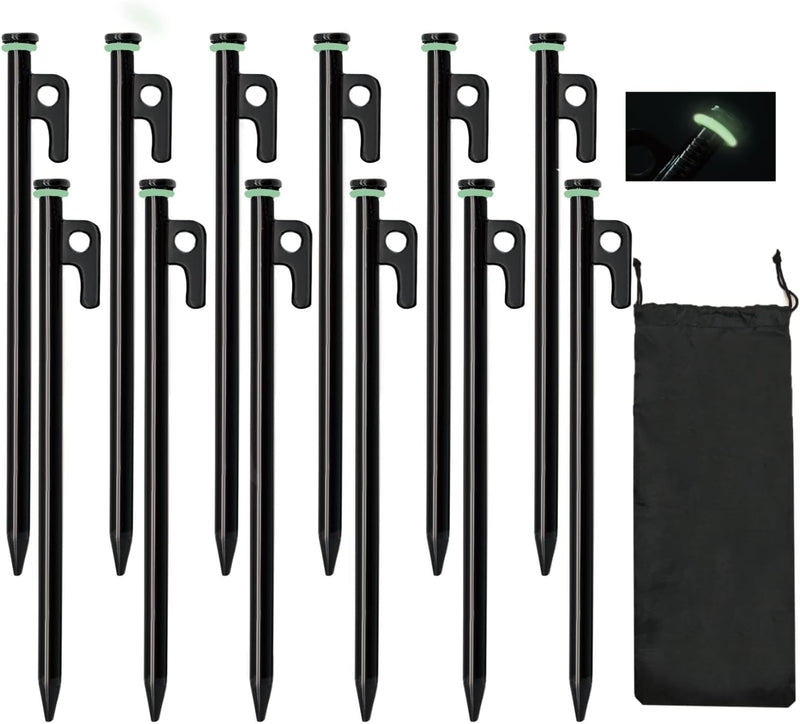 8/12/16Pack Tent Stake with Hammer, 8/10/12/16In Heavy Duty Tent Stakes + 10In Tent Stakes Hammer+Storage Pouch, Forged Steel Tent Stakes Used on Rocks (12 Pack 10In Tent Stakes+Hammer)