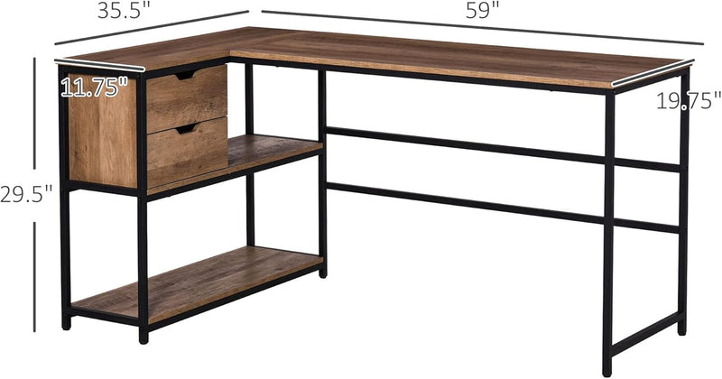 HOMCOM L-Shaped Home Offie Computer Desk with Storage Shelves, 2 Dawers and Industrial Steel Frame, Black/Brown