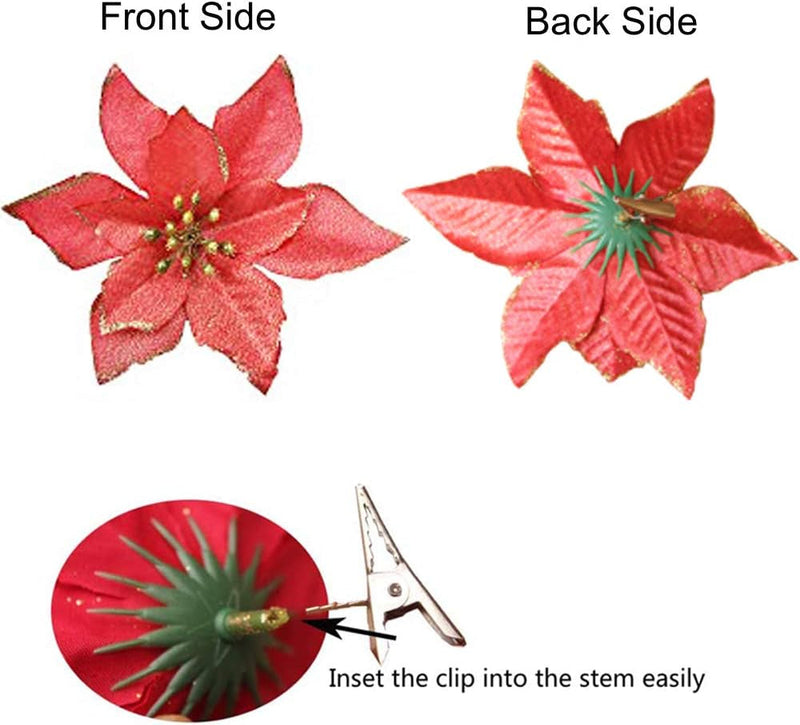 12Pcs Glitter Poinsettia Christmas Tree Ornament Artificial Wedding Christmas Flowers Xmas Tree Wreaths Decor Ornament, 5.5Inch, Red and Gold for Choice (Red)