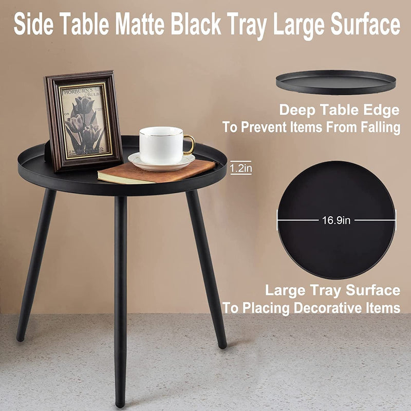 AOJEZOR Accent Side / End Table, Waterproof Metal Structure, Great for Living Room, Bedroom, Indoor & Outdoor, Matte Black Tray Surface with 3 Legs, Ideal for Any Room
