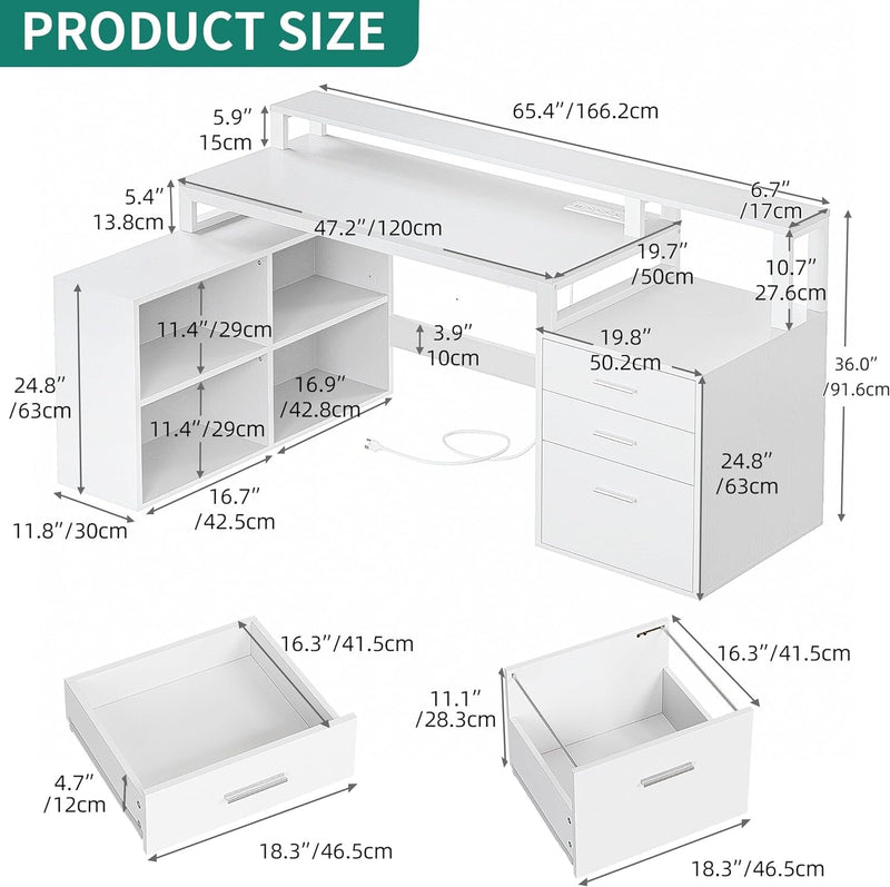 DWVO L Shaped Desk with Power Outlets & LED Lights, 65" Computer Desk with Drawers, Corner Desk Office Desk with File Cabinet & Printer Stand, White