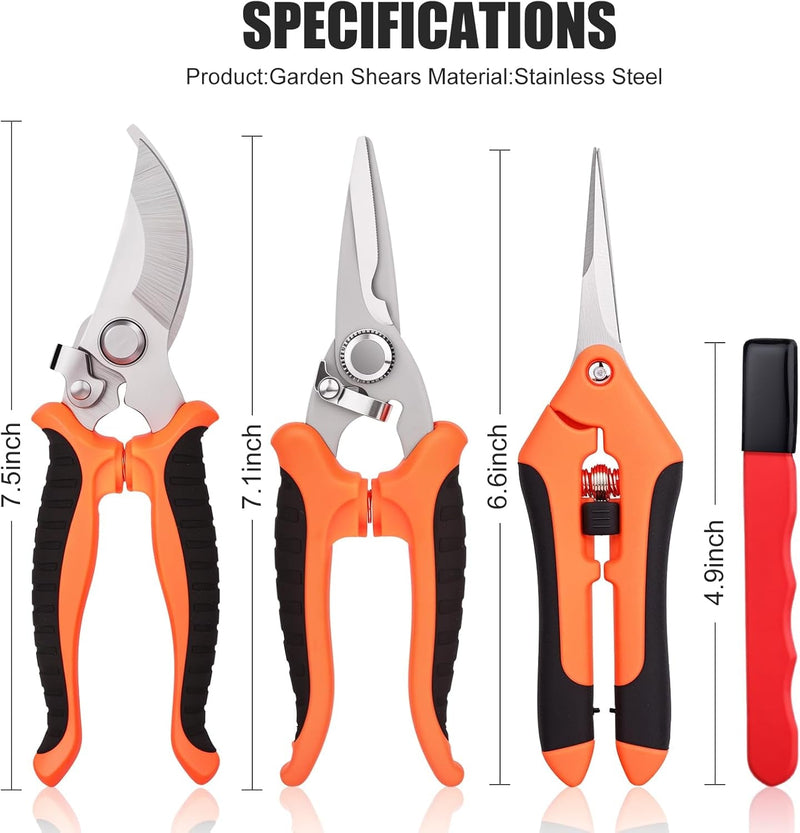 4Pieces Gardening Tools, Gardening Scissors,Garden Scissors, Scissors Set with Sharpening Stone, Gardening Stainless Steel Pruning Shears with Sharp Blades and Curved Handles Make Cutting Easy