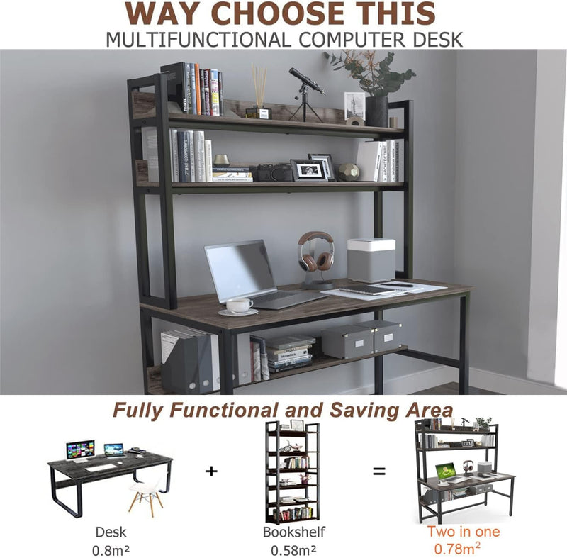 Aquzee Desk with Hutch Bookshelves, Computer Desk with 3 Tiers Storage Shelves, Space Saving Design Black Metal Legs Desk with Grey Board, Easy Assemble