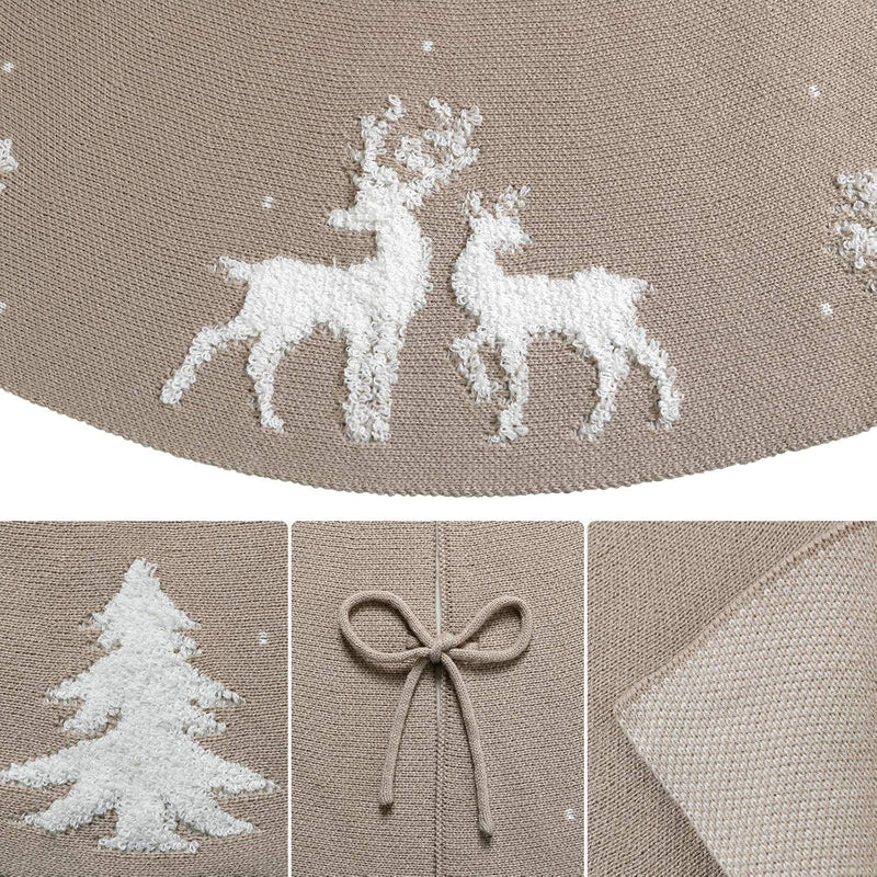 Dremisland Christmas Tree Skirt, Cable Knit Knitted Thick Rustic Tree Skirt for Xmas Holiday Decoration- 3D Elk and Christmas Tree (36Inch/90Cm, Beige)