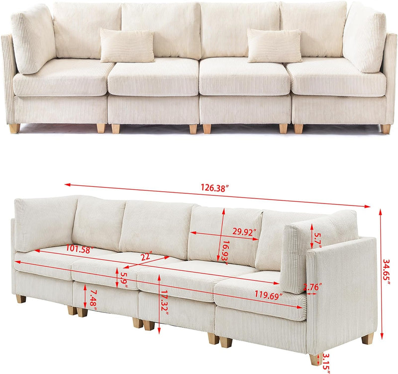 126"Modern Modular Sectional Sofa,L-Shaped Corduroy Fabric Modular Sofa with Movable Ottoman and Pillows,4 Seater Convertible Sleeper Sectional Couches for Small Living Room (Beige, 126"L-4 Seater)