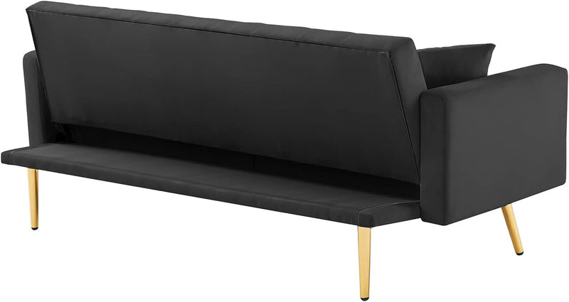 Convertible Velvet Futon Sofa Bed, 73-Inch Sleeper Couch with 3 Reclining Angles, Living Room Loveseat Sofa with Golden Tapered Metal Legs, Black