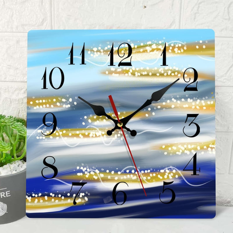 Artsocket Wooden Wall Clock Silent Non-Ticking, Green Blue Grey Teal Abstract Painting Gray Square Rustic Coastal Wall Clocks Decor for Home Kitchen Living Room Office, Battery Operated(12 Inch)