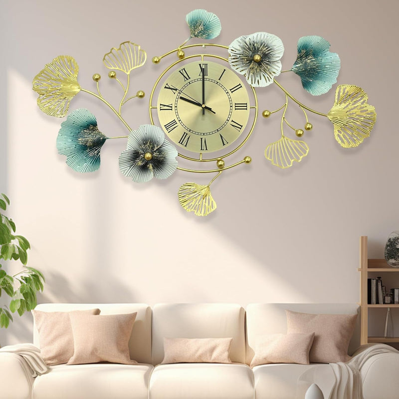 33 Inch Clocks for Living Room, Large Wall Clock, 3D Decorations Metal Ginkgo Leaf Design Silent Movement Wall Clocks for Home Wall Decor Clock