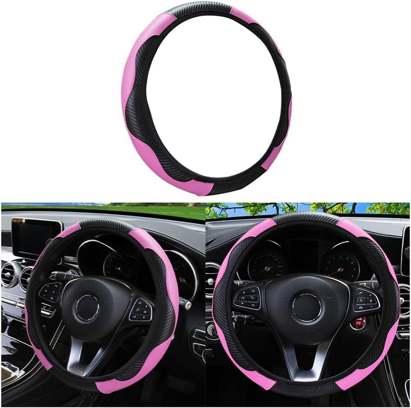 Car Steering Wheel Cover, Microfiber PU Leather Elastic Carbon Fiber Auto Steering Wheel Protector, 15 Inch Breathable Anti-Slip for Women Men, Car Interior Accessories for Most Cars (Black/Red)