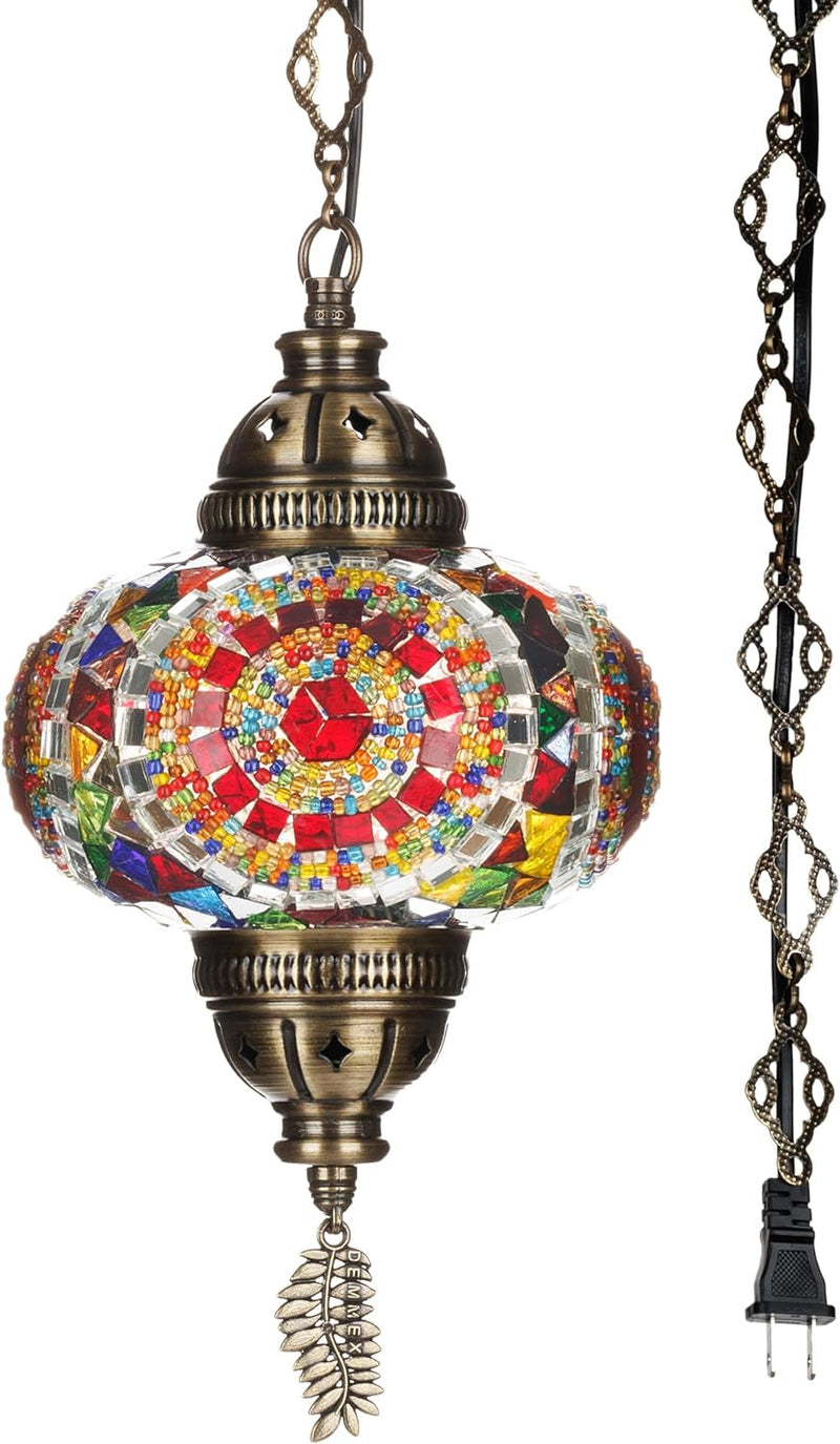 DEMMEX Authentic Turkish Plug in Pendant Light, 6.5" Big Size Globe, Made in Turkey, Turkish Moroccan Mosaic Ceiling Hanging Pendant Light Fixture Lamp, Swag Plug in with 15Ft Cord and Chain