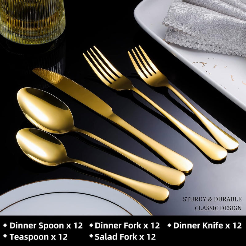 60-Piece Gold Silverware Set, Stainless Steel Flatware Cutlery Set Service for 12, Gold Utensils Tableware Cutlery Set for Home Restaurant, Mirror Finish, Dishwasher Safe (Gold)