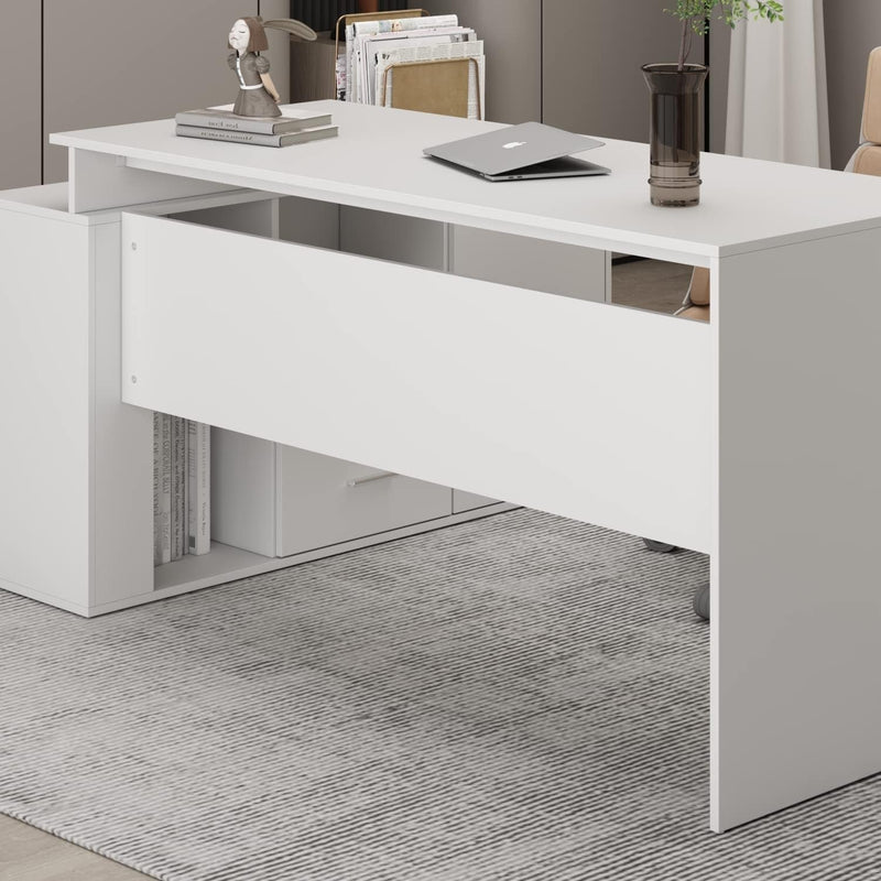 Homsee Home Office Computer Desk Corner Desk with 2 Drawers and 2 Open Cubes, 55 Inch Large L-Shaped Study Writing Table with Storage Cabinet, White (55.1”L X 47.2”W X 29.5”H)