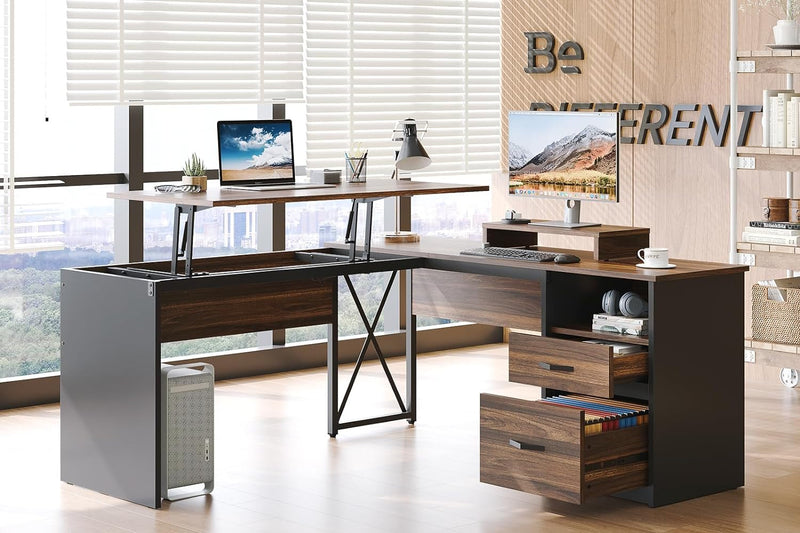 Bestier L Shaped Desk with Drawers, 55 Inch Office L Desk with Reversible File Drawer, Industrial Wood Computer Desk with Monitor Stand (Rustic Brown)