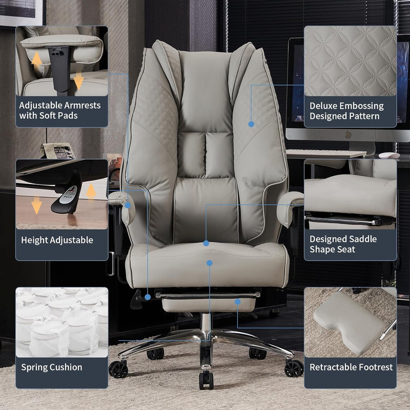 Big and Tall Office Chair 400Lbs Wide Seat, Leather High Back Executive Office Chair with Foot Rest, Ergonomic Office Chair Lumbar Support for Lower Back Pain Relief (Light Grey)