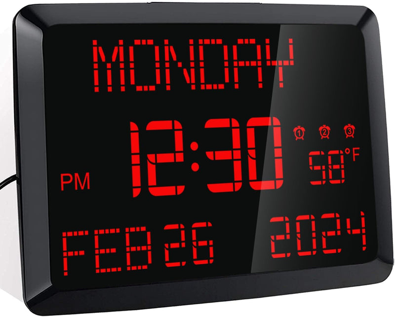 Digital Wall Clock, 11.5" Extra Large Display Calendar Alarm Day Clock with Date and of Week, Temperature,2 USB Chargers,3 Alarms, 5 Dimmer& 12/24Hr LED Desk for Office, Living Room, Bedroom, Elderly