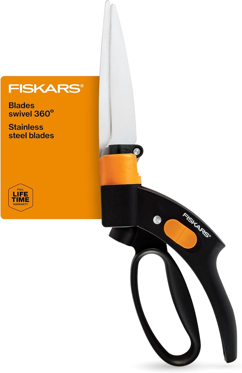 Fiskars Shear Ease Grass Shears - 5" Stainless Steel Blades - 360-Degree Swivel Blade Plant Cutting Scissors - Garden Shears and Grass Cutter, Black