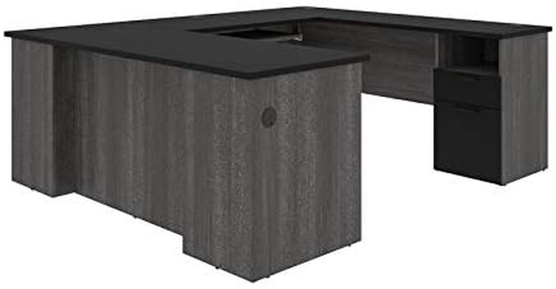 Atlin Designs 71" W X 58.9" D Modern U-Shaped Wood Computer Desk with 1 File Drawer, 1 Utility Drawer, 1 Open Storage, 1 Extension Keyboard Tray, for Office, in Black & Bark Gray Finish