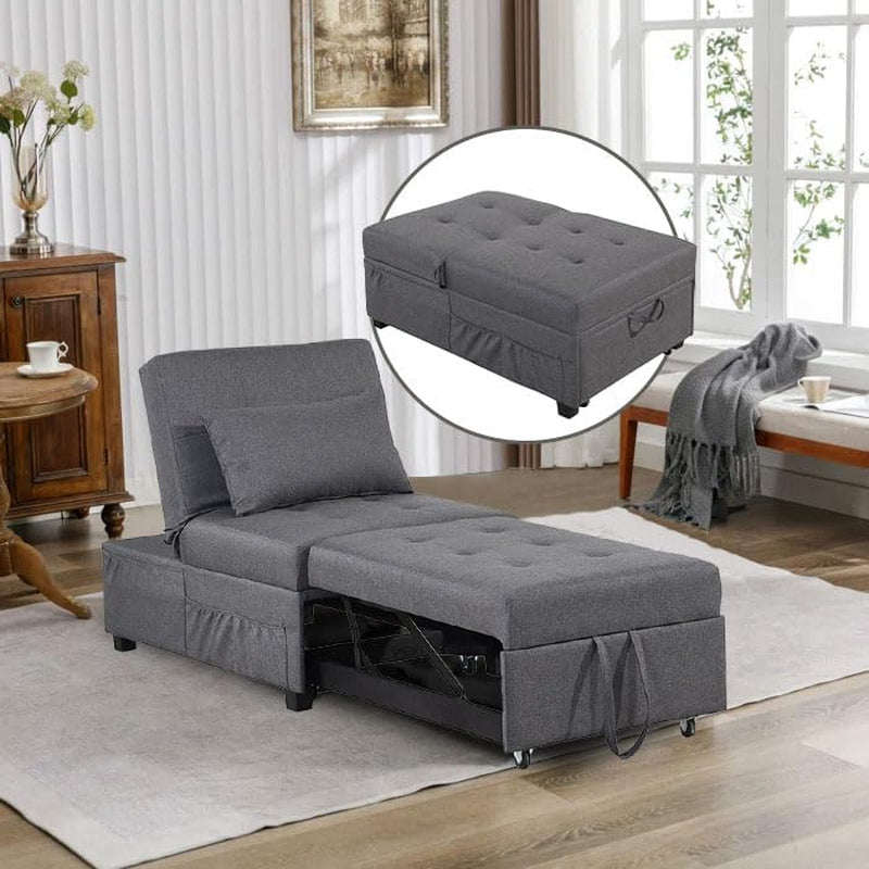 3-In-1 Convertible Futon Chair Bed Pull Out Sleeper Sofa Bed W/Adjustable Backrest Tufted Fabric Chaise Lounge Sofa Bed Couch for Apartment Small Space (Gray-3)