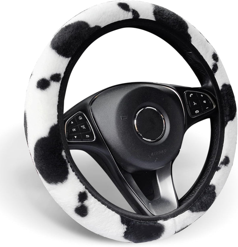 ALEMODR Cow Print Plush Steering Wheel Cover Fluffy Winter Warm Universal 15 Inch for Women Girls