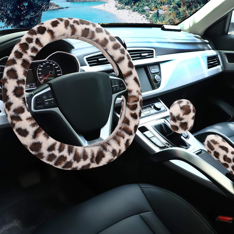 Fuzzy Steering Wheel Cover for Women Girls, Accmor Universal Fit Fur Car Wheel Cover & Handbrake Cover & Gear Shift Cover Set, Leopard Winter Warm Fluffy Vehicle Wheel Protector for Auto, SUV