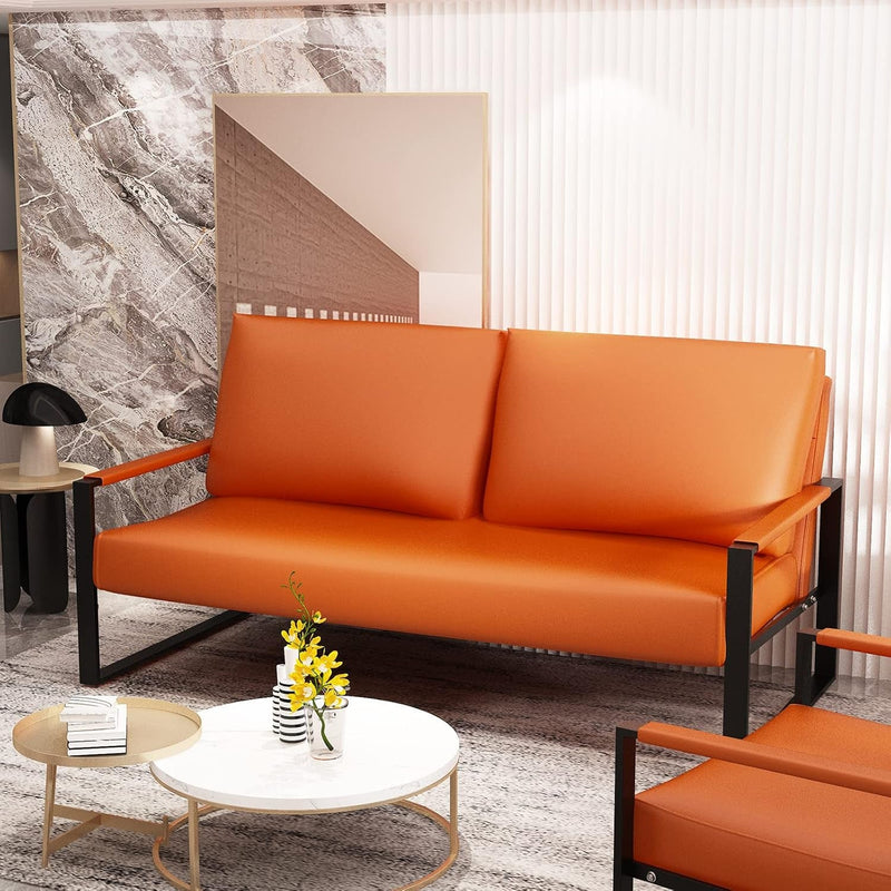 AWQM Mid-Century Loveseat Sofa, Faux Leather, Orange, 2-Seat, Small Couch for Bedroom, Office, Living Room, Sofa