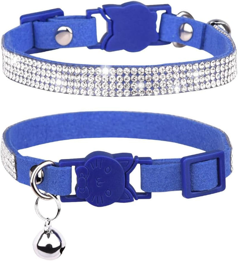 Blue Fancy Kitten Collar with Bells, 2-Pack Breakaway Cat Collars with Rhinestone, Pretty Sparkly Bling Diamond Girl Puppy Collar for XXS XS Tiny Female Dogs, Xxsmall