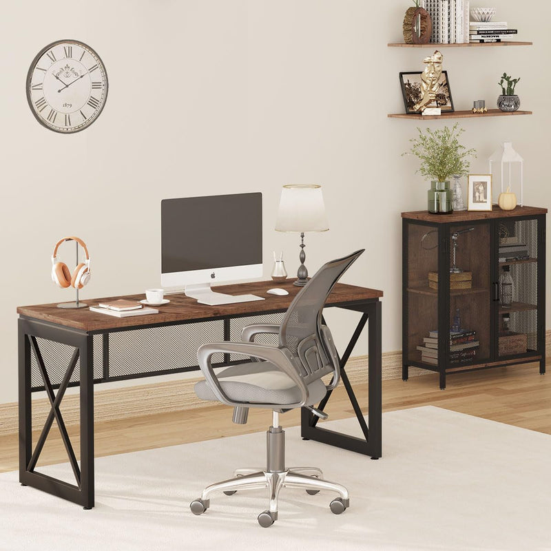 BON AUGURE 60 Inch Computer Desk for Home Office, Industrial Metal Wood Desk, Farmhouse Large Writing Desk, Modern Sturdy Gaming Desk (Rustic Oak)