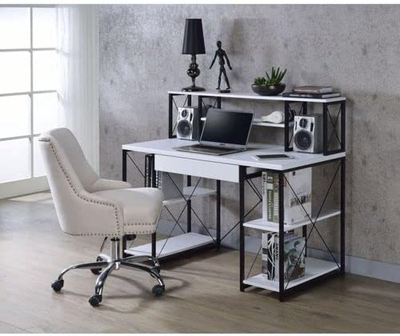 Computer Desk, Office Desk with Shelves and Keyboard Tray, Studying Writing Table with Bookshelves and Storage Hutch for Home Office, Living Room, Reading Room, Small Spaces, White