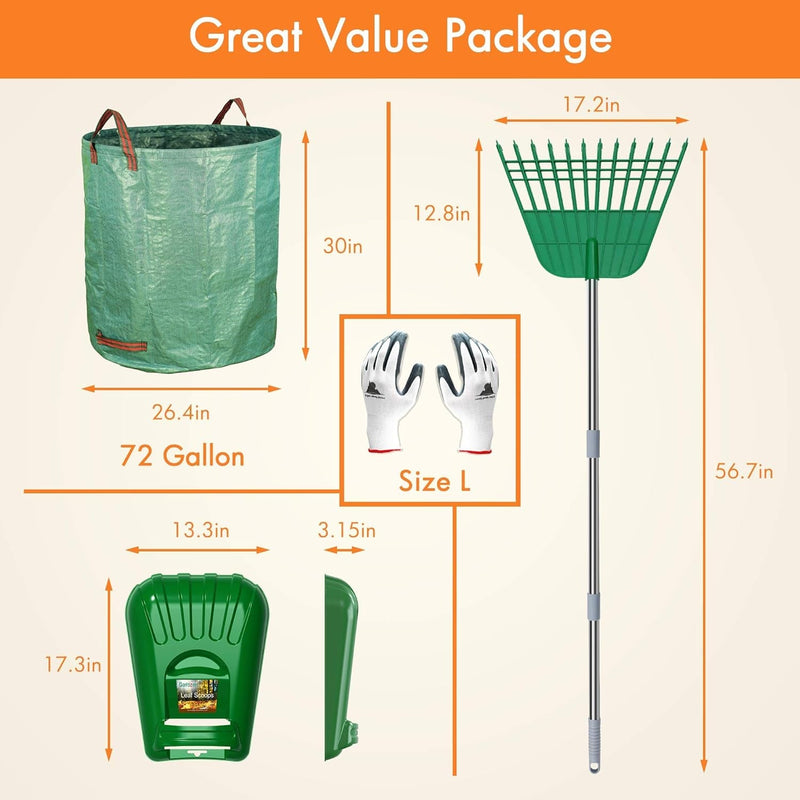 Gardzen Large Leaf Scoop & 12 Tines Gardening Leaf Rake Set, Comes with 72 Gallon Garden Bag